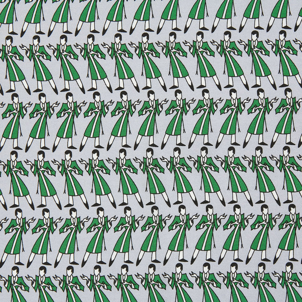 The Turnbull & Asser Green Dressing Gowns Pocket Square features a white silk base with green lines and a repeating pattern of green and black illustrated golfers, inspired by classic Turnbull dressing gown designs.