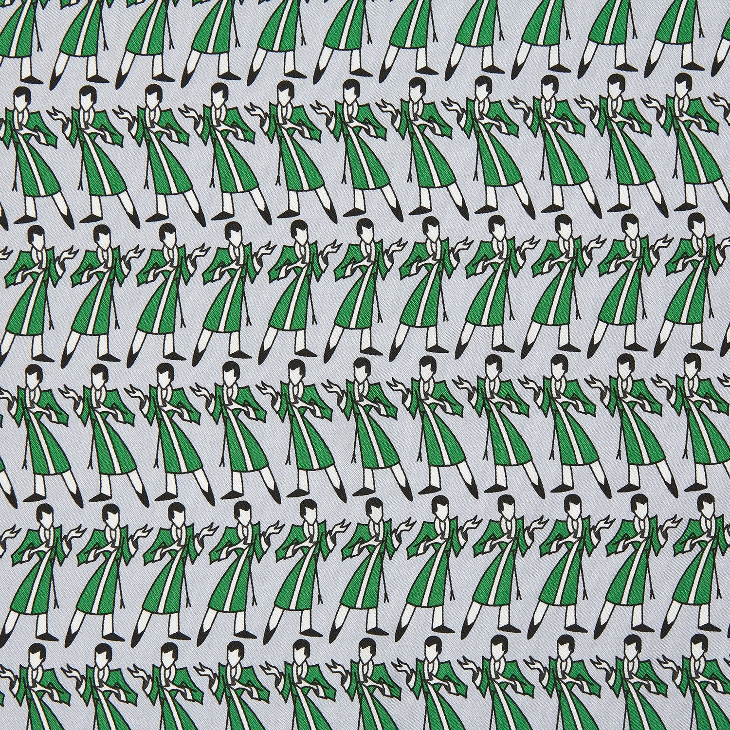 View 3 of product The Turnbull & Asser Green Dressing Gowns Pocket Square features a white silk base with green lines and a repeating pattern of green and black illustrated golfers, inspired by classic Turnbull dressing gown designs.