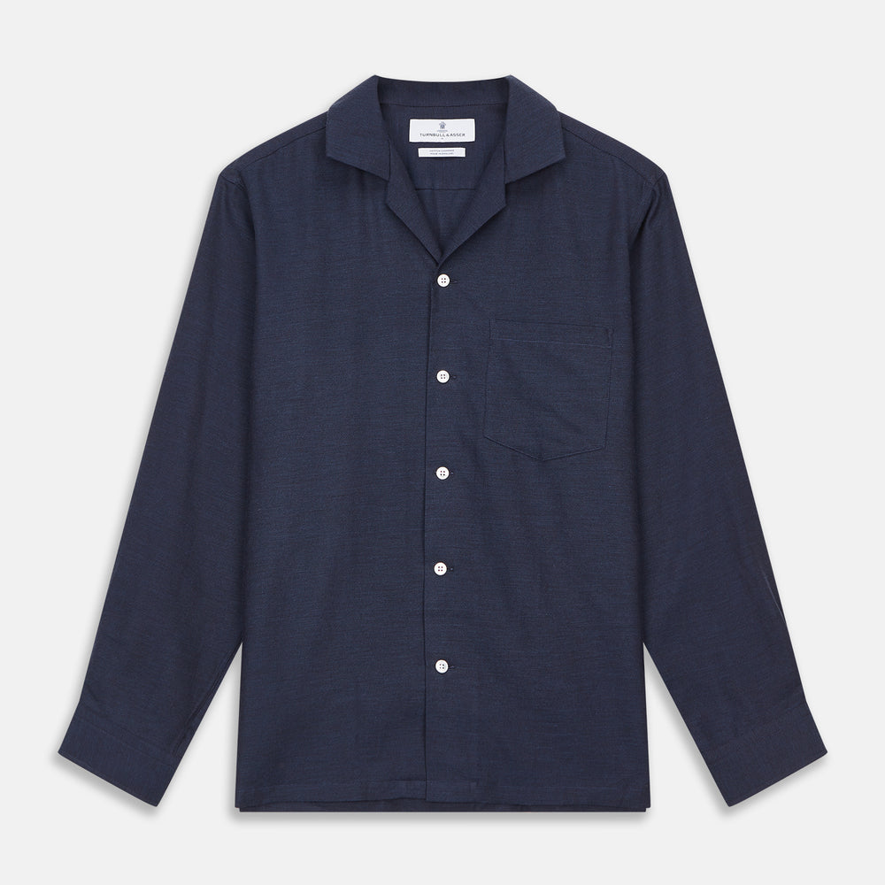The Turnbull & Asser Holiday Fit Navy Cotton and Cashmere Blend Shirt features 1-button cuffs, a notched collar, and a single chest pocket, shown against a plain white background.