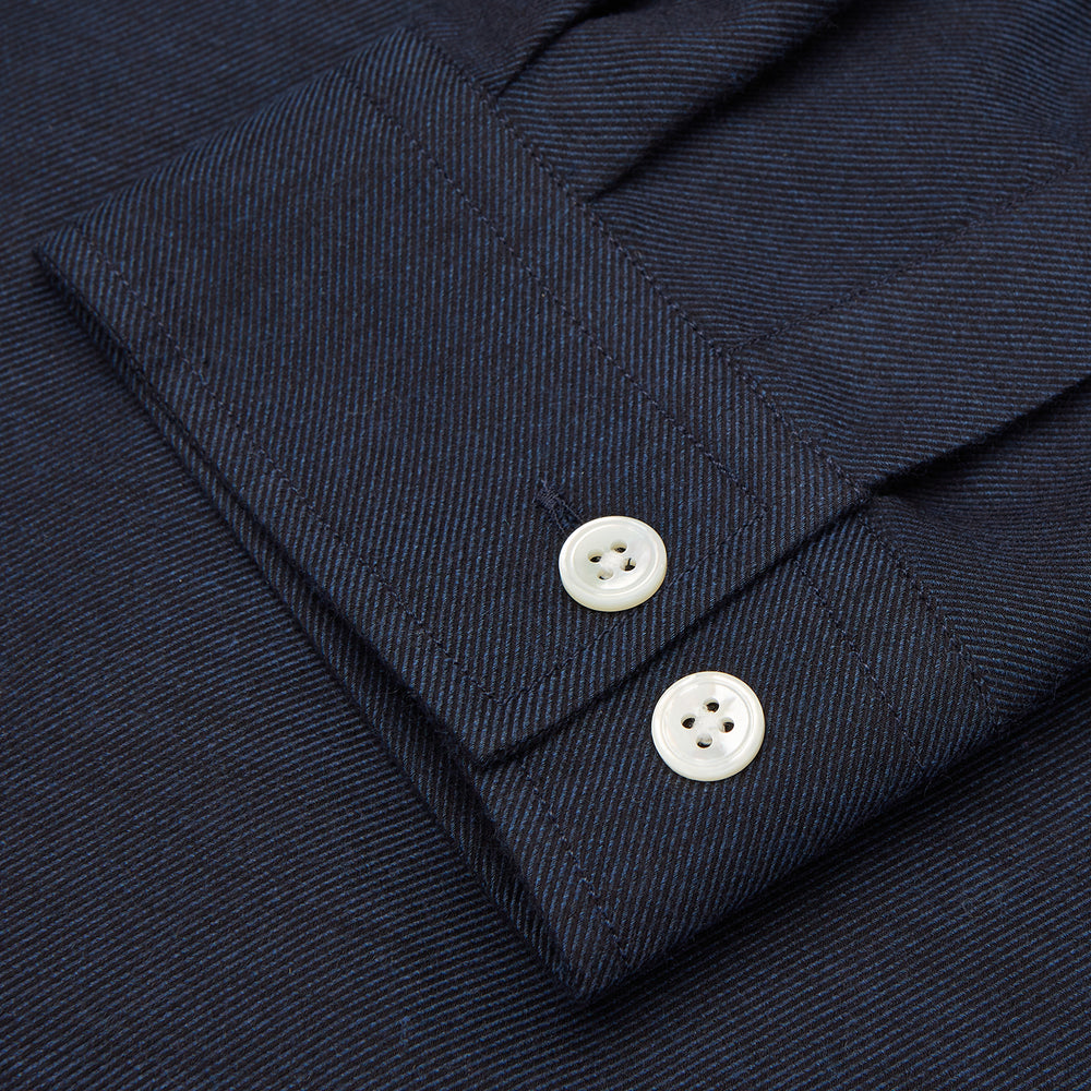 The Turnbull & Asser Holiday Fit Navy Cotton and Cashmere Blend Shirt features 1-button cuffs, a notched collar, and a single chest pocket, shown against a plain white background.