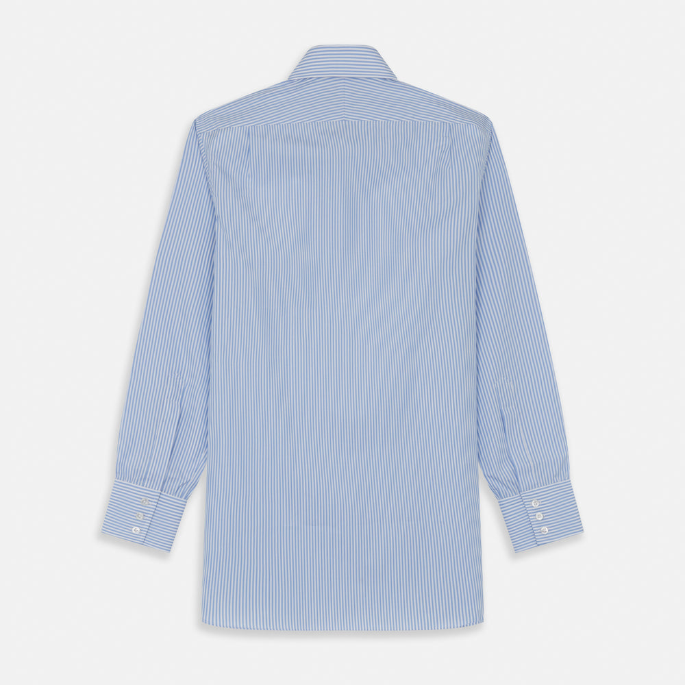 The Turnbull & Asser Light Blue Bengal Stripe Shirt features white vertical stripes, a classic T&A collar, and 3-button cuffs. Buttoned down the front, it’s laid flat on a white background for a timeless British look.