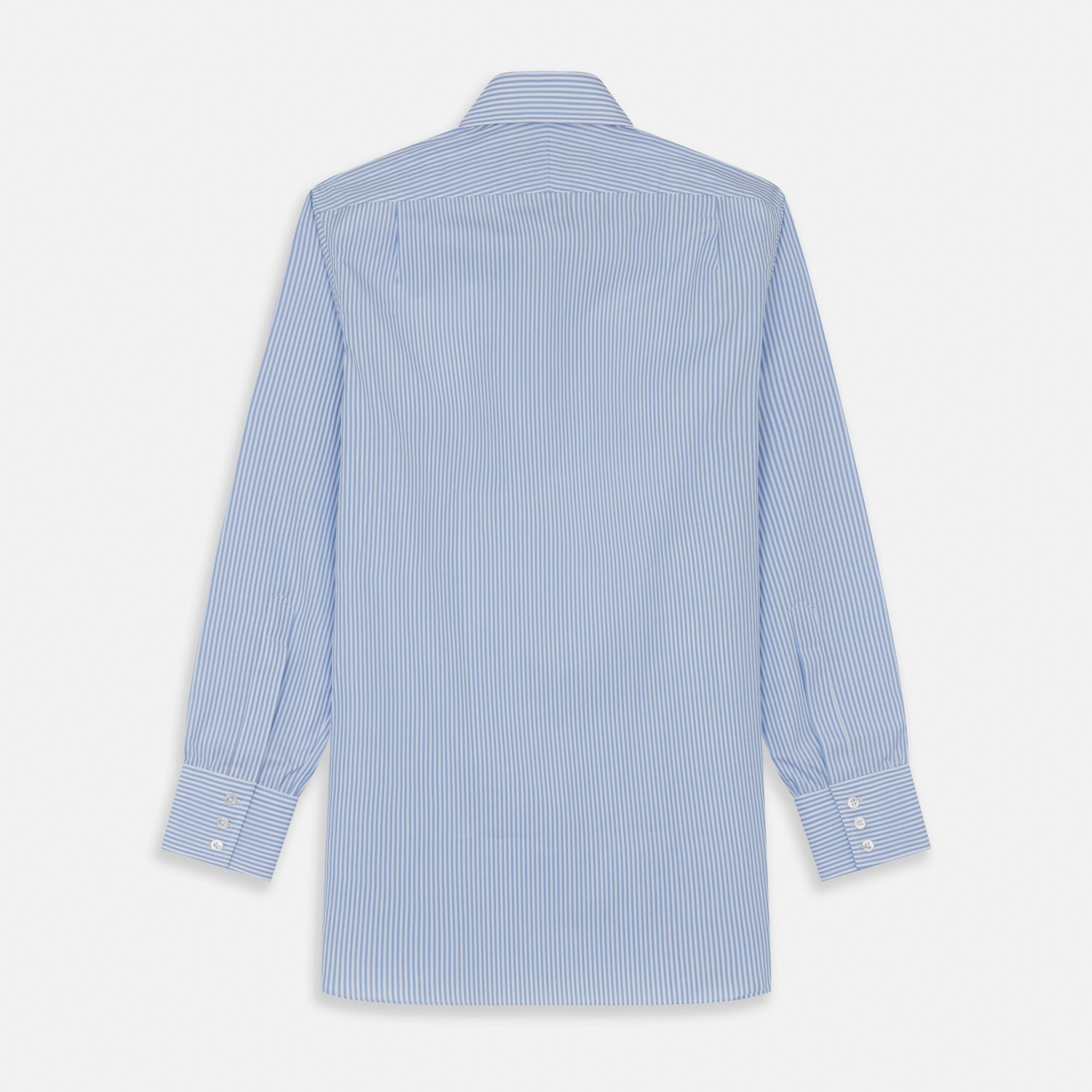 View 5 of product The Turnbull & Asser Light Blue Bengal Stripe Shirt features white vertical stripes, a classic T&A collar, and 3-button cuffs. Buttoned down the front, it’s laid flat on a white background for a timeless British look.