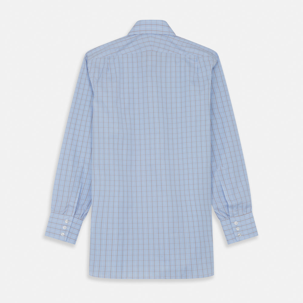 A beige graph check regular fit shirt by Turnbull & Asser, featuring a T&A collar and 3-button cuffs, is neatly laid flat on a white background.