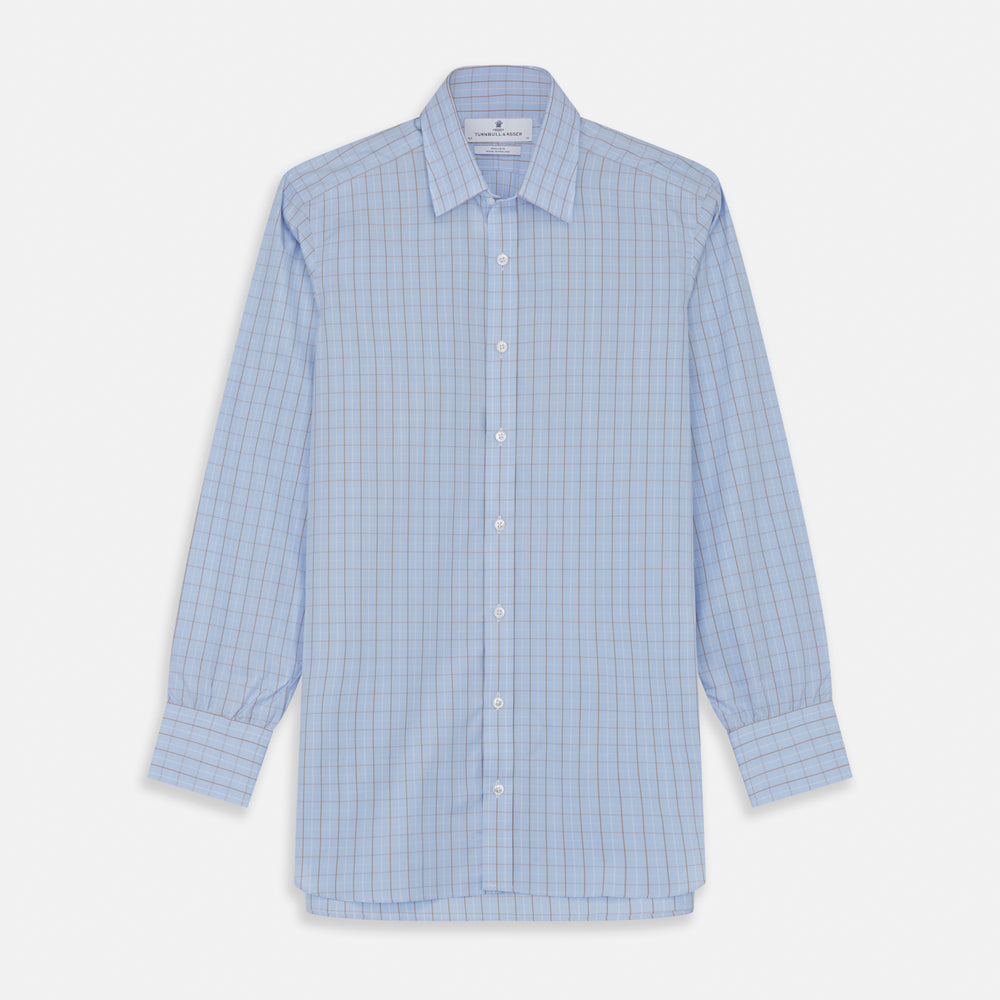 A beige graph check regular fit shirt by Turnbull & Asser, featuring a T&A collar and 3-button cuffs, is neatly laid flat on a white background.