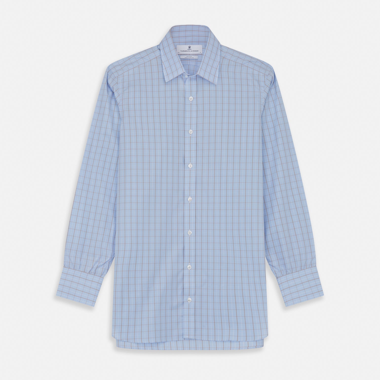View 1 of product A beige graph check regular fit shirt by Turnbull & Asser, featuring a T&A collar and 3-button cuffs, is neatly laid flat on a white background.