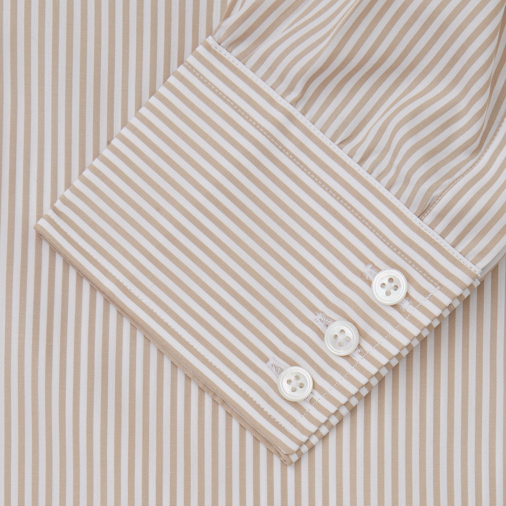 The Turnbull & Asser Sand Bengal Stripe Regular Fit Shirt features thin sand stripes, a T&A collar, and 3-button cuffs. Shown laid flat on a white background.