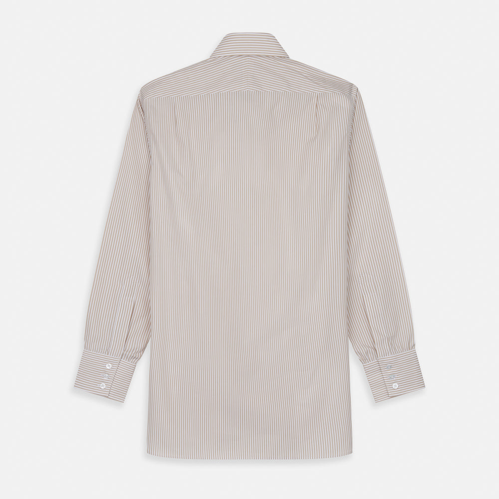 The Turnbull & Asser Sand Bengal Stripe Regular Fit Shirt features thin sand stripes, a T&A collar, and 3-button cuffs. Shown laid flat on a white background.