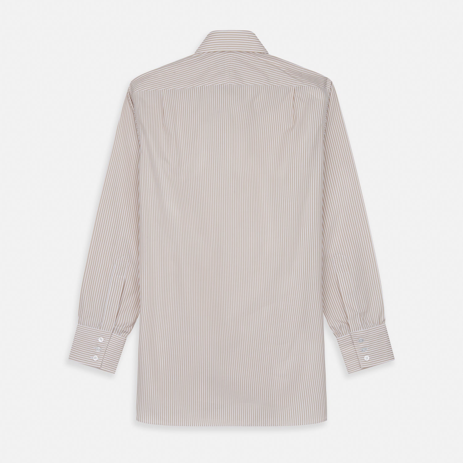 View 5 of product The Turnbull & Asser Sand Bengal Stripe Regular Fit Shirt features thin sand stripes, a T&A collar, and 3-button cuffs. Shown laid flat on a white background.
