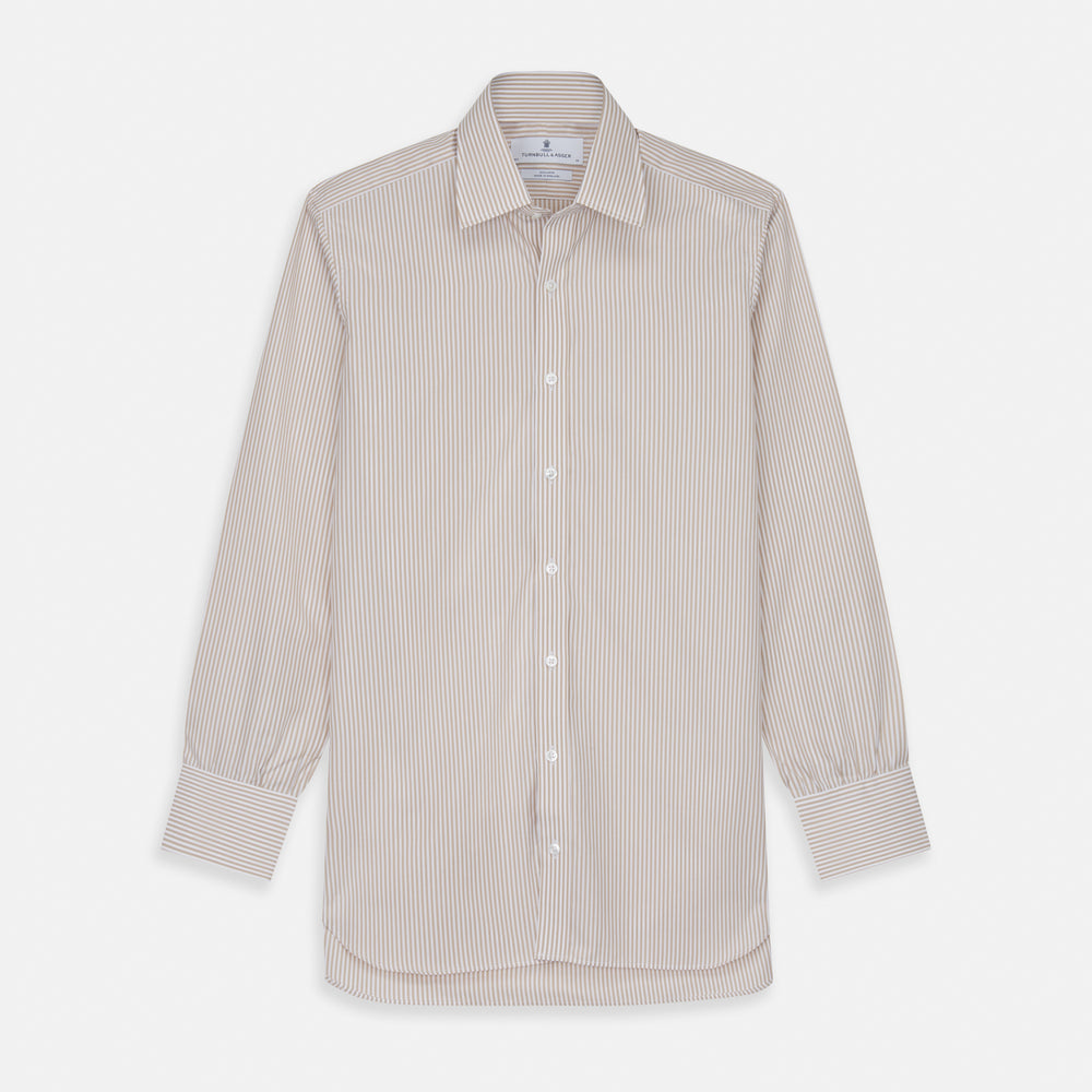 The Turnbull & Asser Sand Bengal Stripe Regular Fit Shirt features thin sand stripes, a T&A collar, and 3-button cuffs. Shown laid flat on a white background.
