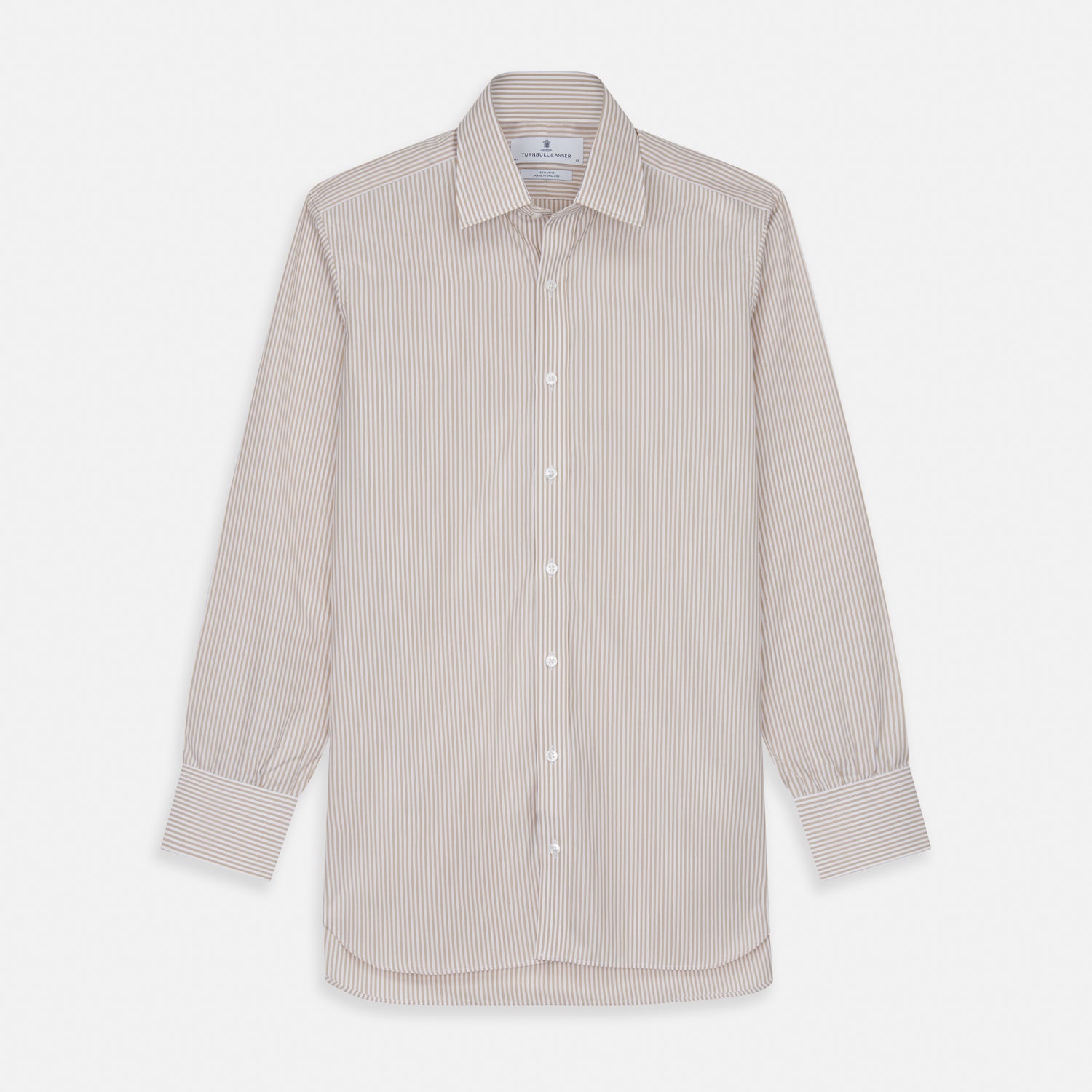 View 1 of product The Turnbull & Asser Sand Bengal Stripe Regular Fit Shirt features thin sand stripes, a T&A collar, and 3-button cuffs. Shown laid flat on a white background.