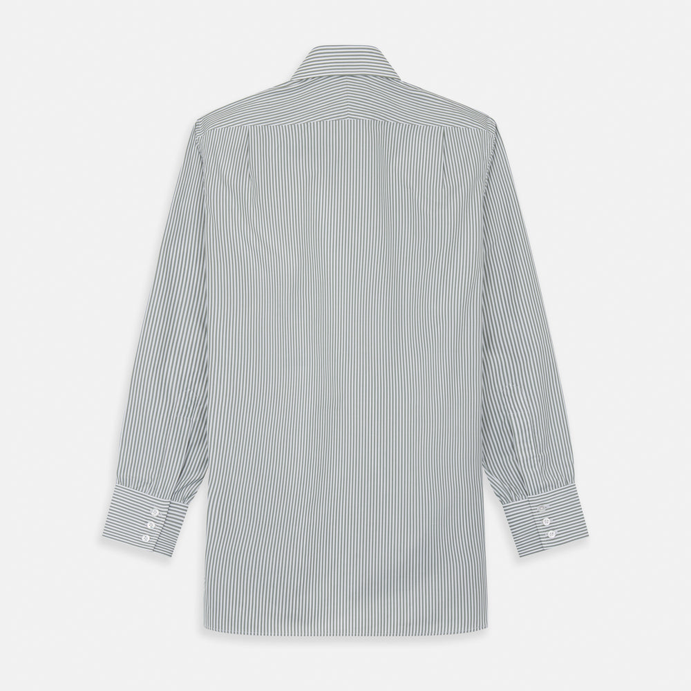 The Turnbull & Asser Green Bengal Stripe Regular Fit Shirt features thin green stripes, a T&A collar, and 3-button cuffs, shown on a plain white background.