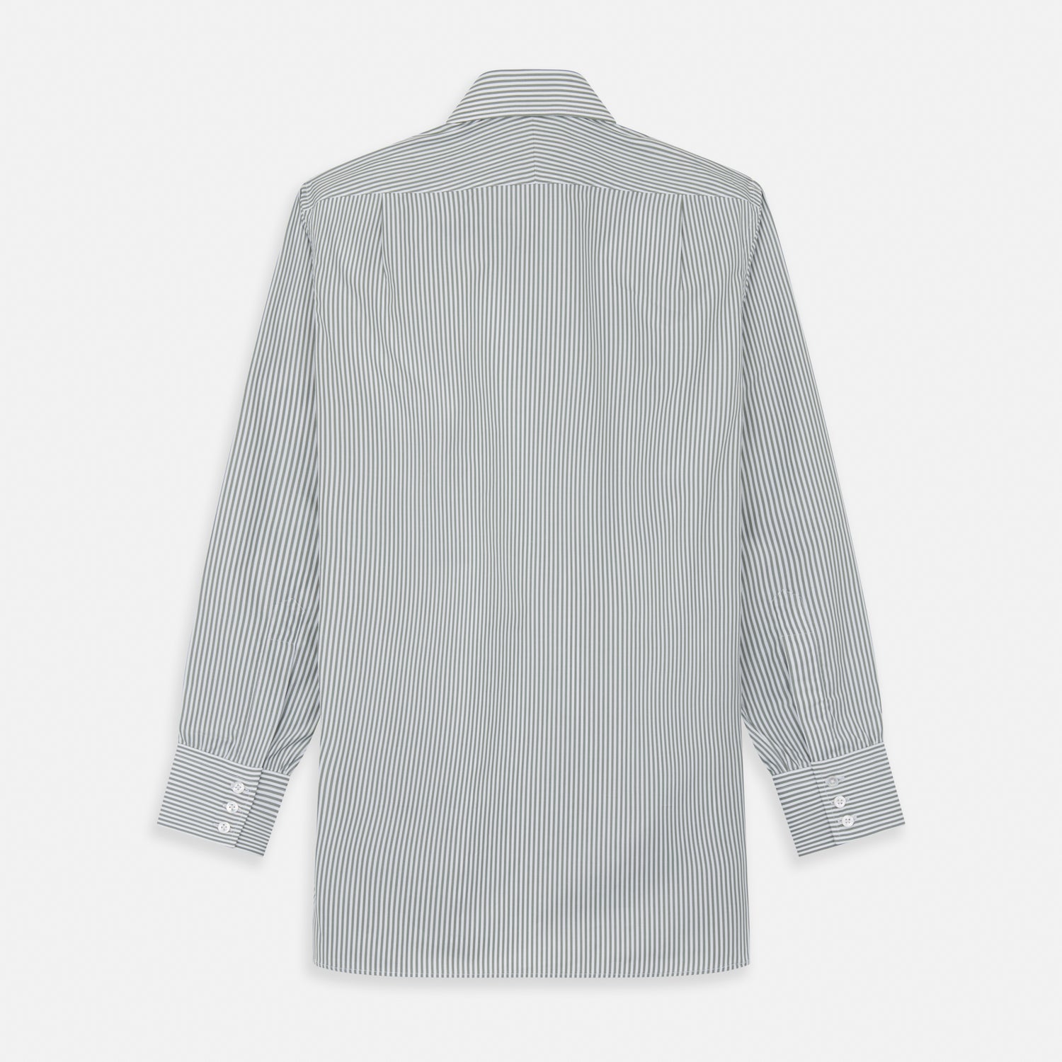 View 5 of product The Turnbull & Asser Green Bengal Stripe Regular Fit Shirt features thin green stripes, a T&A collar, and 3-button cuffs, shown on a plain white background.