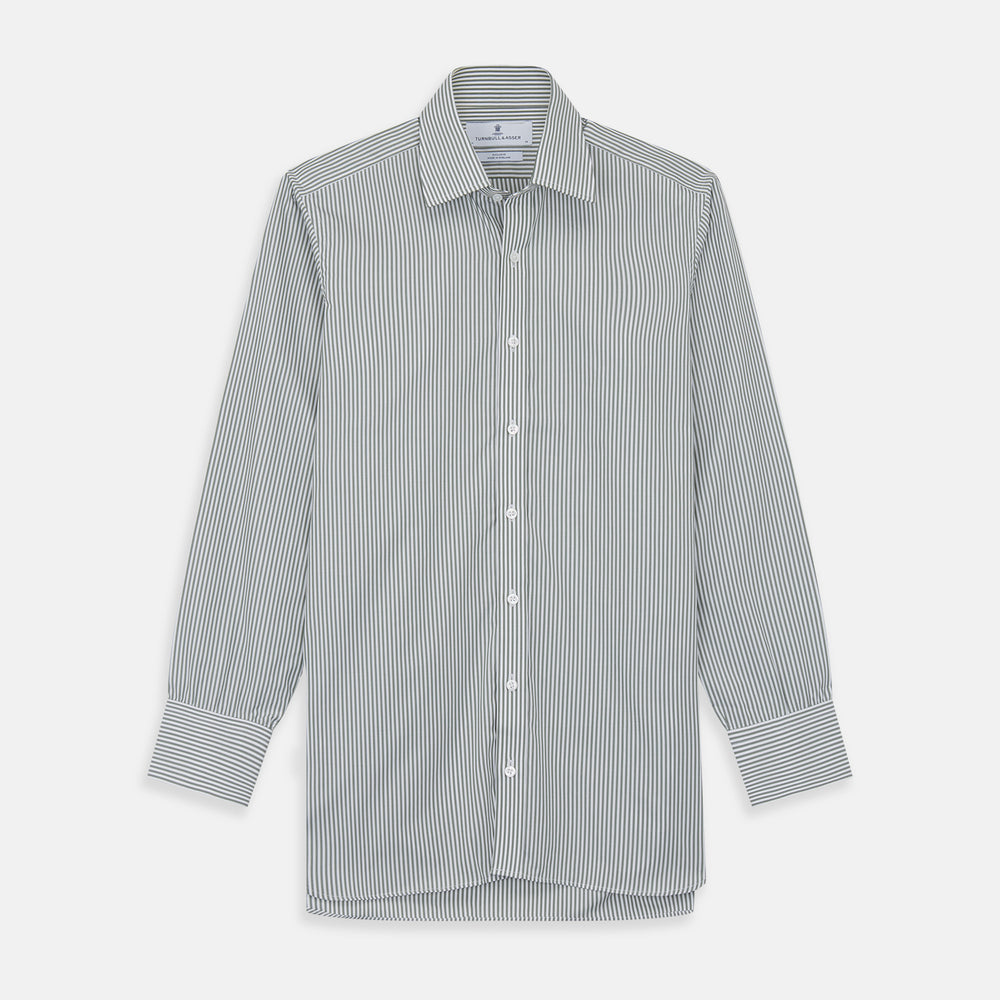The Turnbull & Asser Green Bengal Stripe Regular Fit Shirt features thin green stripes, a T&A collar, and 3-button cuffs, shown on a plain white background.