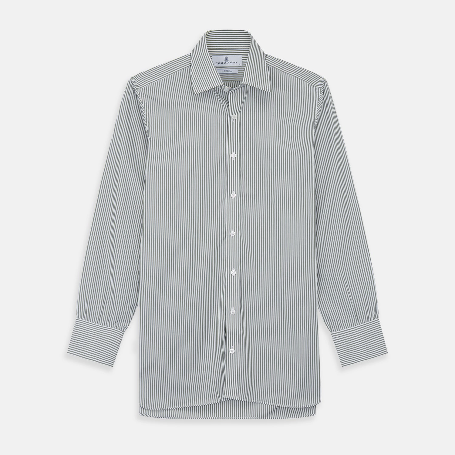 View 1 of product The Turnbull & Asser Green Bengal Stripe Regular Fit Shirt features thin green stripes, a T&A collar, and 3-button cuffs, shown on a plain white background.
