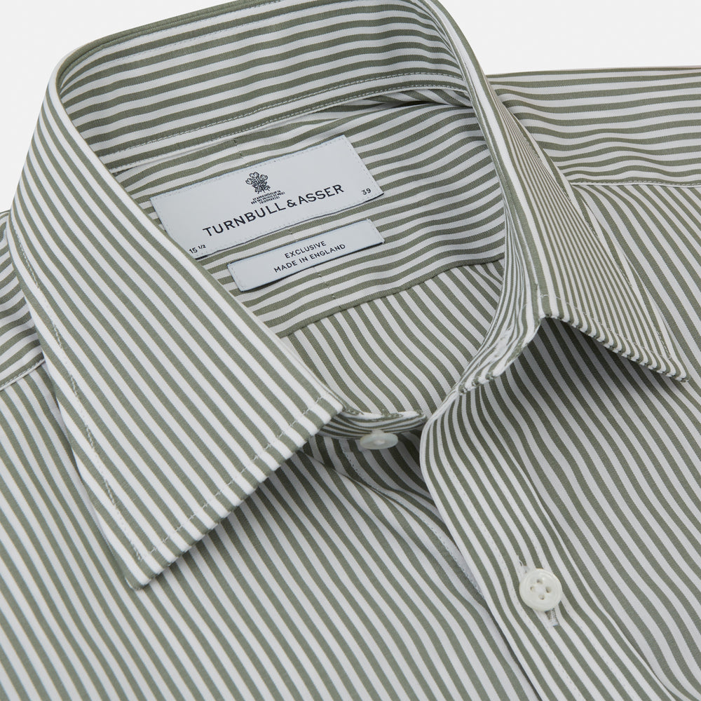 The Turnbull & Asser Green Bengal Stripe Regular Fit Shirt features thin green stripes, a T&A collar, and 3-button cuffs, shown on a plain white background.
