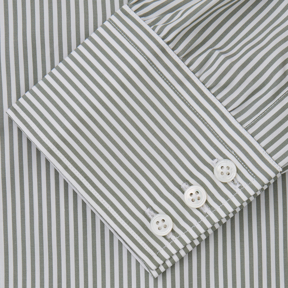 The Turnbull & Asser Green Bengal Stripe Regular Fit Shirt features thin green stripes, a T&A collar, and 3-button cuffs, shown on a plain white background.