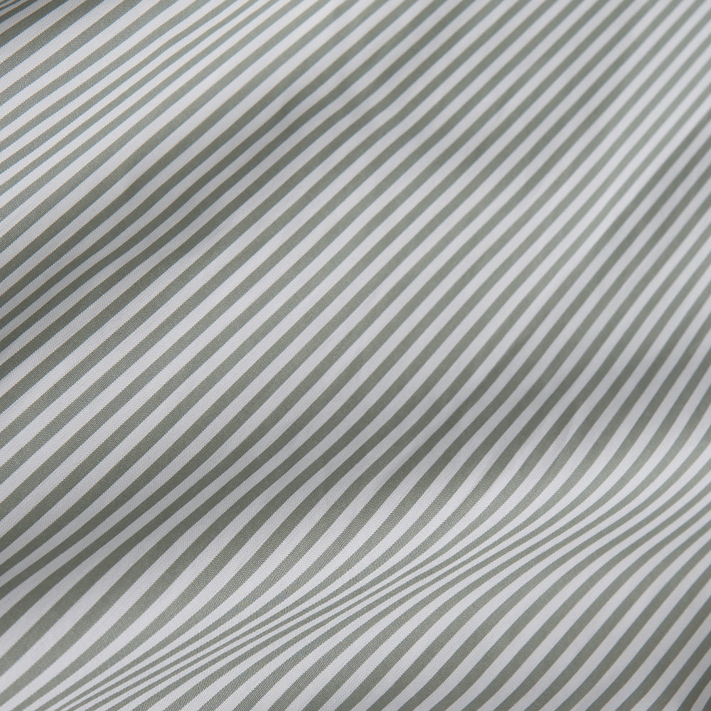 The Turnbull & Asser Green Bengal Stripe Regular Fit Shirt features thin green stripes, a T&A collar, and 3-button cuffs, shown on a plain white background.