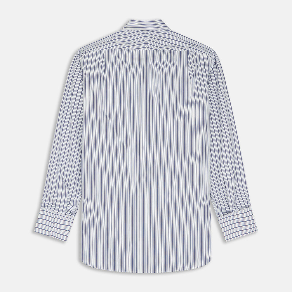 The Turnbull & Asser Navy Stripe Regular Fit Shirt features a T&A collar, square double cuffs, and thin vertical navy stripes on white.