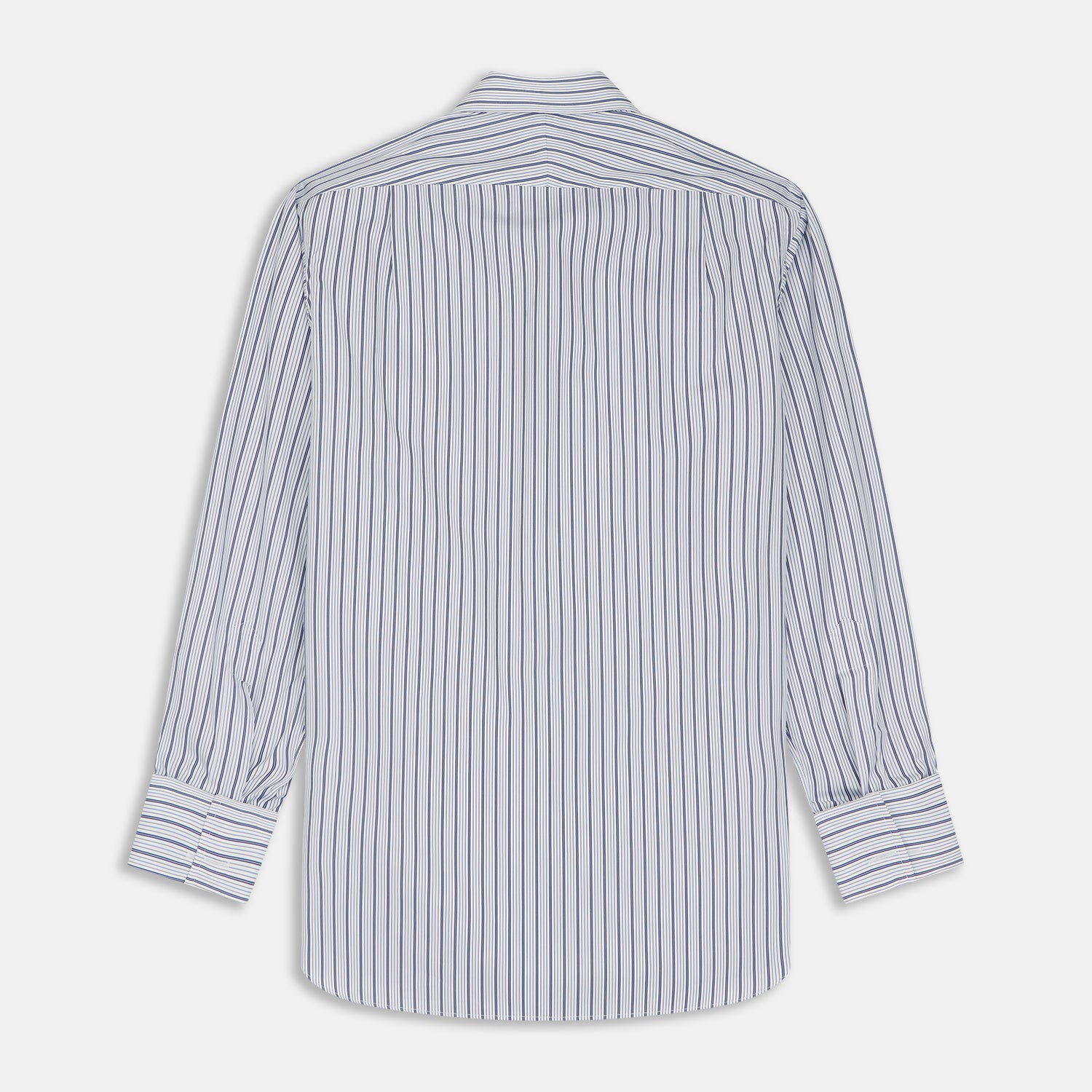 View 6 of product The Turnbull & Asser Navy Stripe Regular Fit Shirt features a T&A collar, square double cuffs, and thin vertical navy stripes on white.