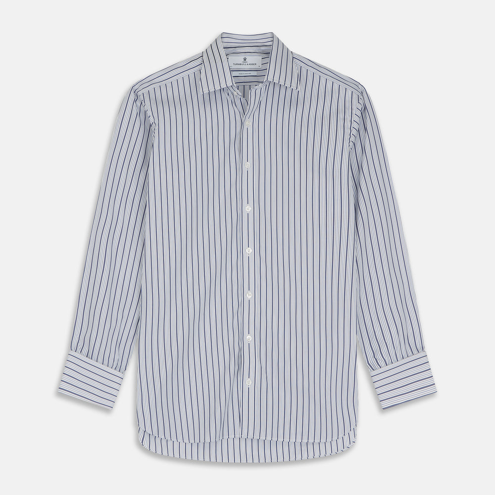 The Turnbull & Asser Navy Stripe Regular Fit Shirt features a T&A collar, square double cuffs, and thin vertical navy stripes on white.