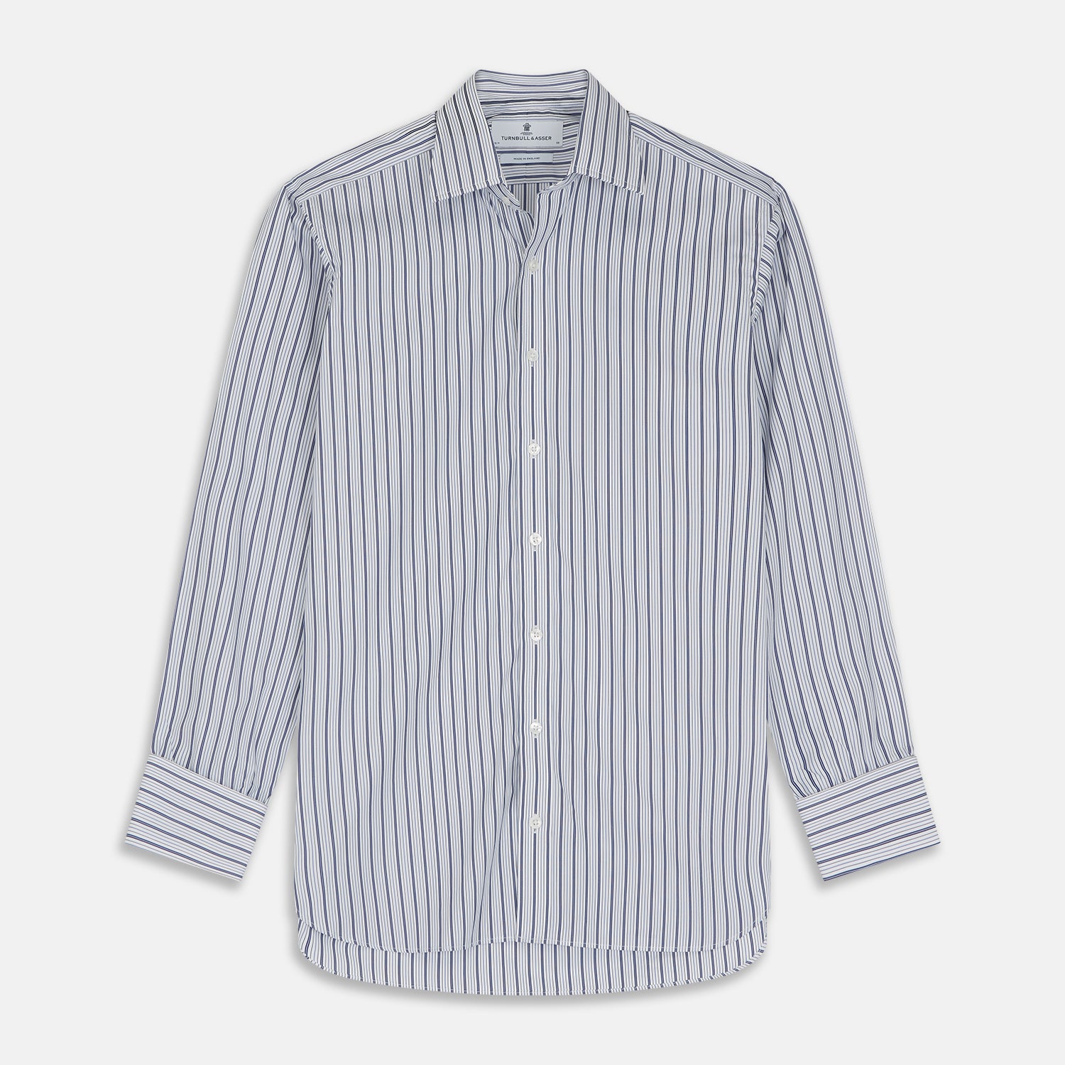 View 1 of product The Turnbull & Asser Navy Stripe Regular Fit Shirt features a T&A collar, square double cuffs, and thin vertical navy stripes on white.