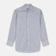 The Turnbull & Asser Navy Stripe Regular Fit Shirt features a T&A collar, square double cuffs, and thin vertical navy stripes on white.