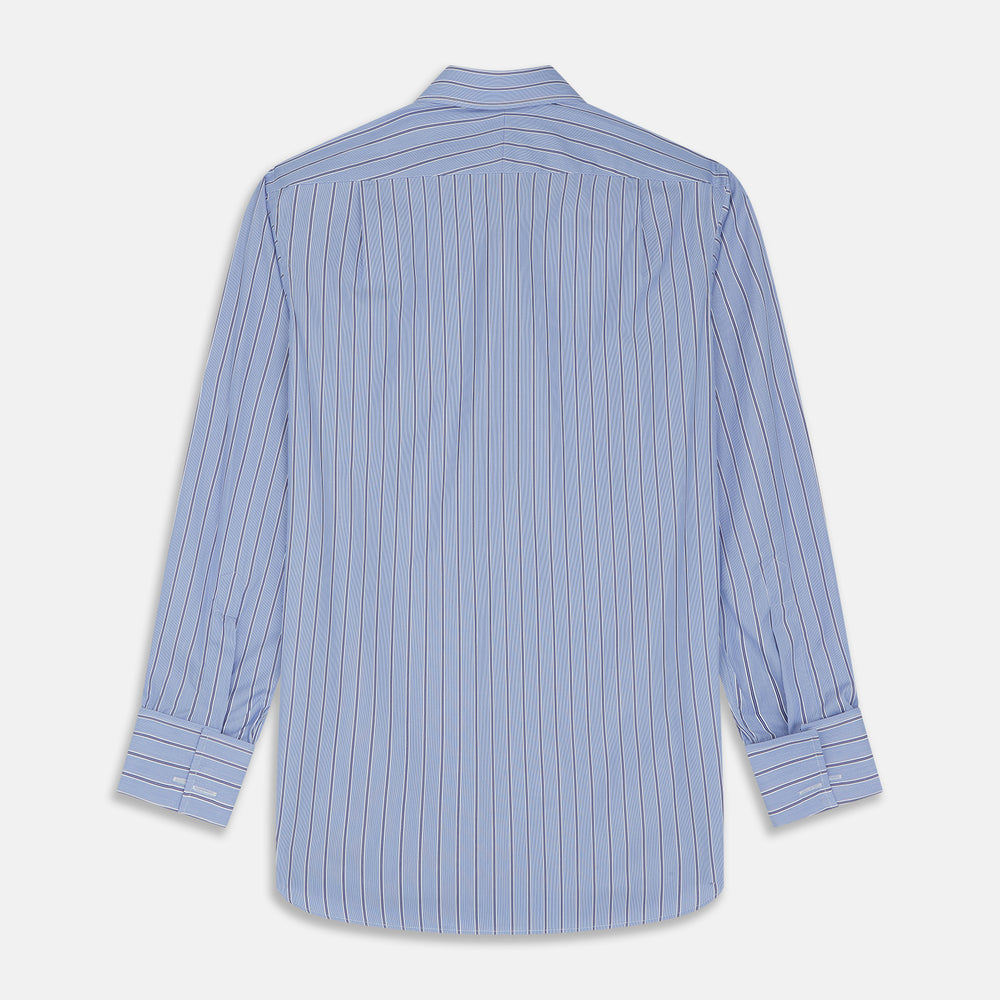 A neatly folded Turnbull & Asser Blue Stripe Regular Fit Shirt with T&A collar and square double cuffs, featuring long sleeves and thin white stripes on a light blue base, displayed on a plain white background.
