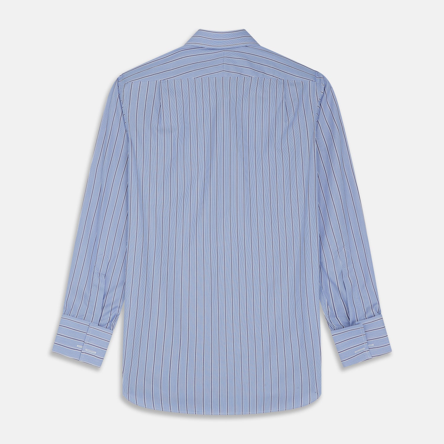 View 6 of product A neatly folded Turnbull & Asser Blue Stripe Regular Fit Shirt with T&A collar and square double cuffs, featuring long sleeves and thin white stripes on a light blue base, displayed on a plain white background.