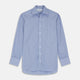 A neatly folded Turnbull & Asser Blue Stripe Regular Fit Shirt with T&A collar and square double cuffs, featuring long sleeves and thin white stripes on a light blue base, displayed on a plain white background.