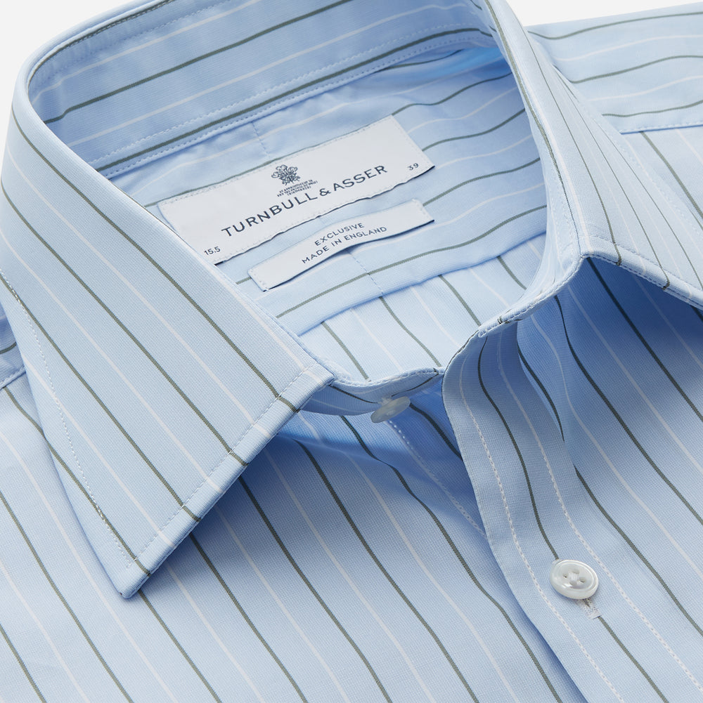 Green Stripe Regular Fit Shirt by Turnbull & Asser, featuring a T&A collar and double cuffs, displayed against a white background.