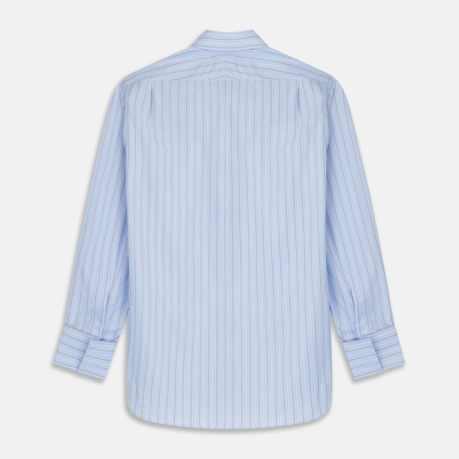 View 5 of product Turnbull & Asser Beige Stripe Regular Fit Shirt with T&A collar and double cuffs, featuring white buttons and laid flat on a white background.