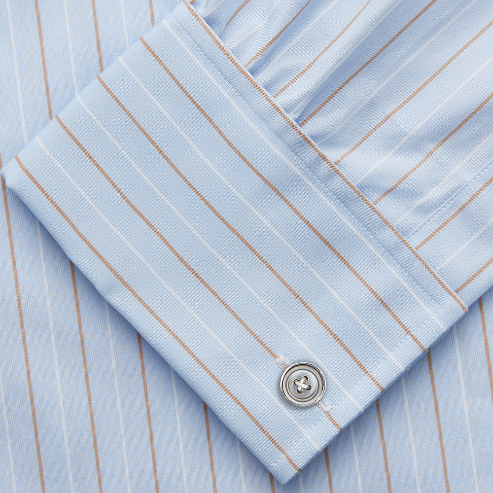 Turnbull & Asser Beige Stripe Regular Fit Shirt with T&A collar and double cuffs, featuring white buttons and laid flat on a white background.