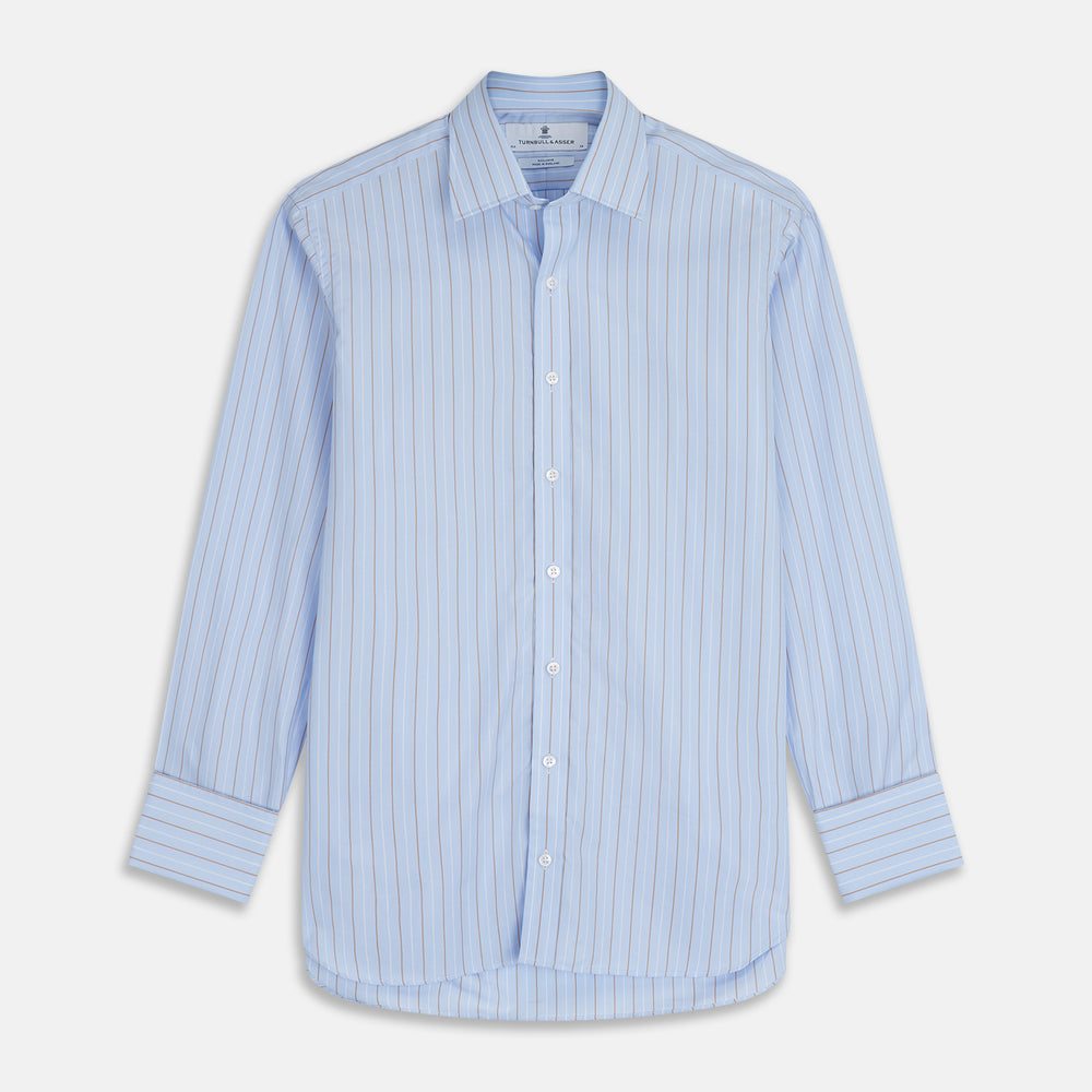 Turnbull & Asser Beige Stripe Regular Fit Shirt with T&A collar and double cuffs, featuring white buttons and laid flat on a white background.