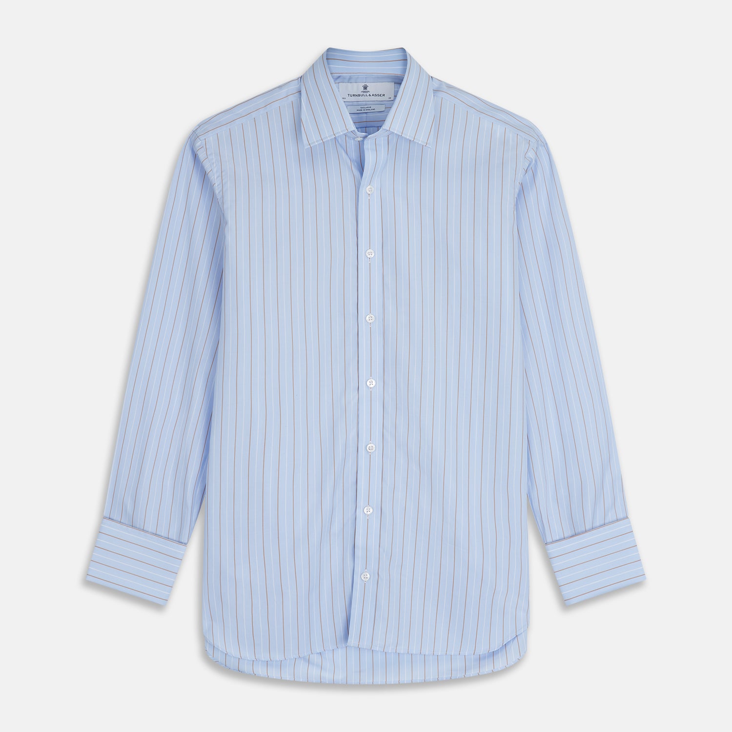 View 1 of product Turnbull & Asser Beige Stripe Regular Fit Shirt with T&A collar and double cuffs, featuring white buttons and laid flat on a white background.