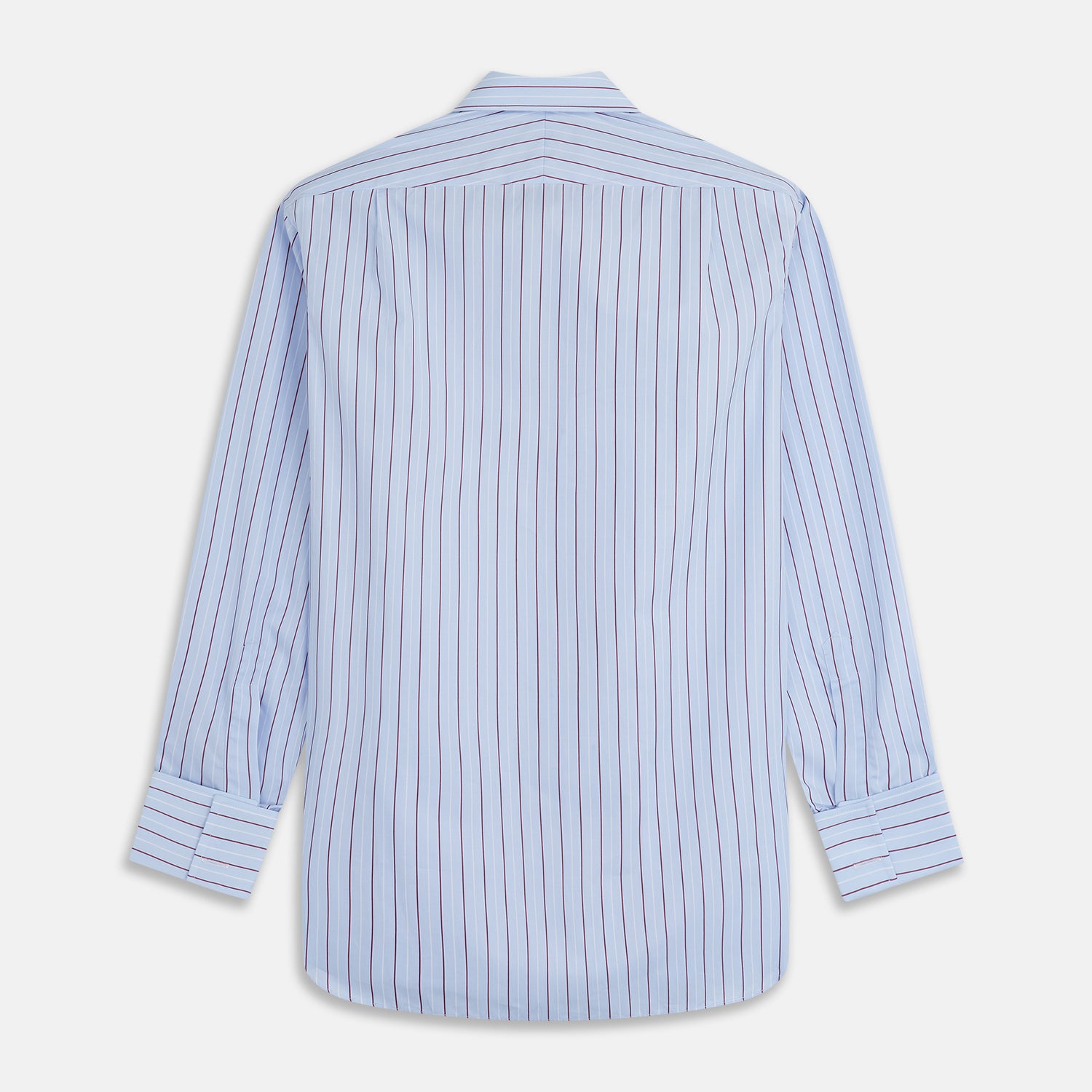 View 5 of product The Turnbull & Asser Burgundy Stripe Regular Fit Shirt features a T&A collar, double cuffs, and white buttons. Made from light blue Italian cotton poplin with vertical burgundy and white pinstripes. Laid flat on a white background.