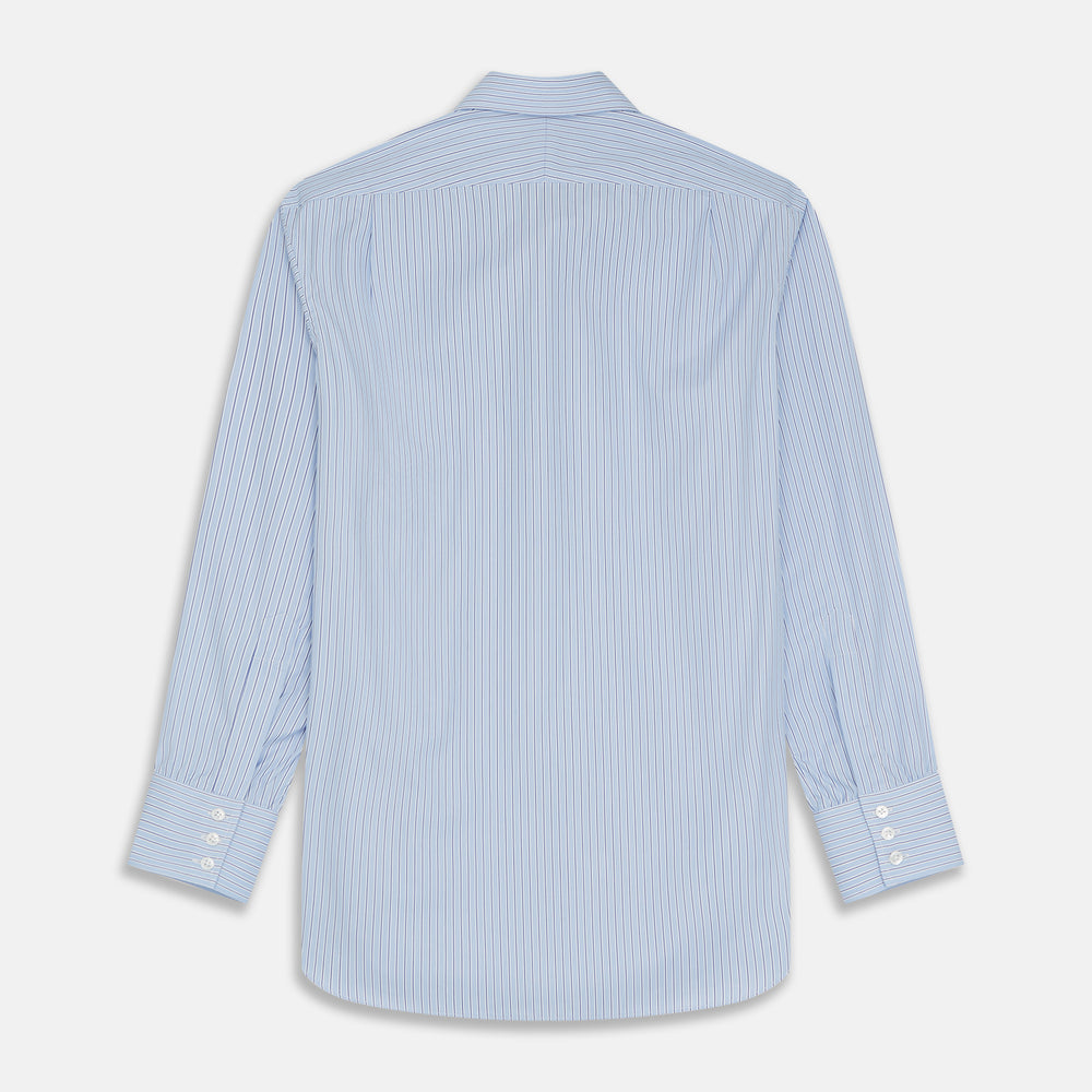 Turnbull & Asser’s Blue Stripe Shirt features thin vertical white stripes, a T&A collar, 3-button cuffs, white buttons, and a regular fit. Smart-casual style displayed flat on a white background.