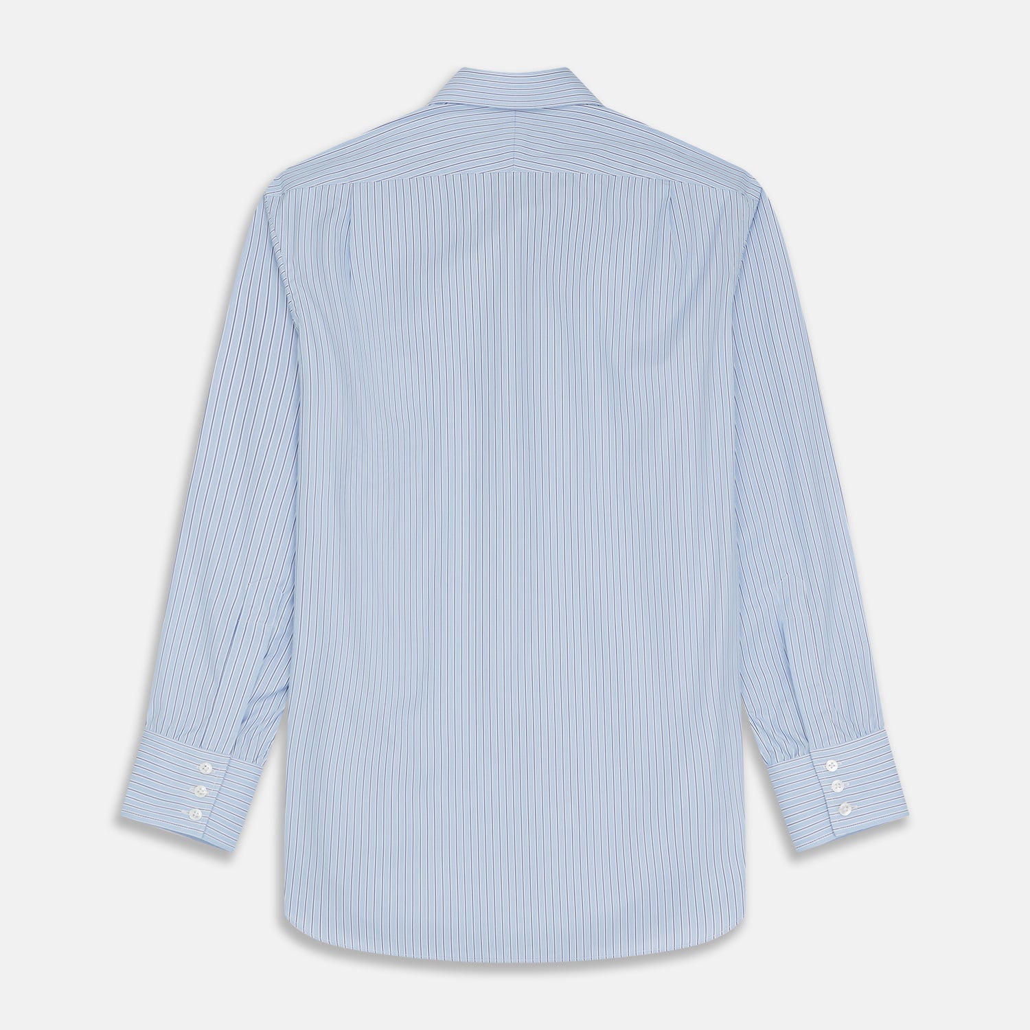 View 6 of product Turnbull & Asser’s Blue Stripe Shirt features thin vertical white stripes, a T&A collar, 3-button cuffs, white buttons, and a regular fit. Smart-casual style displayed flat on a white background.