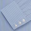 View 5 of product Turnbull & Asser’s Blue Stripe Shirt features thin vertical white stripes, a T&A collar, 3-button cuffs, white buttons, and a regular fit. Smart-casual style displayed flat on a white background.