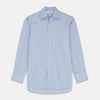View 1 of product Turnbull & Asser’s Blue Stripe Shirt features thin vertical white stripes, a T&A collar, 3-button cuffs, white buttons, and a regular fit. Smart-casual style displayed flat on a white background.