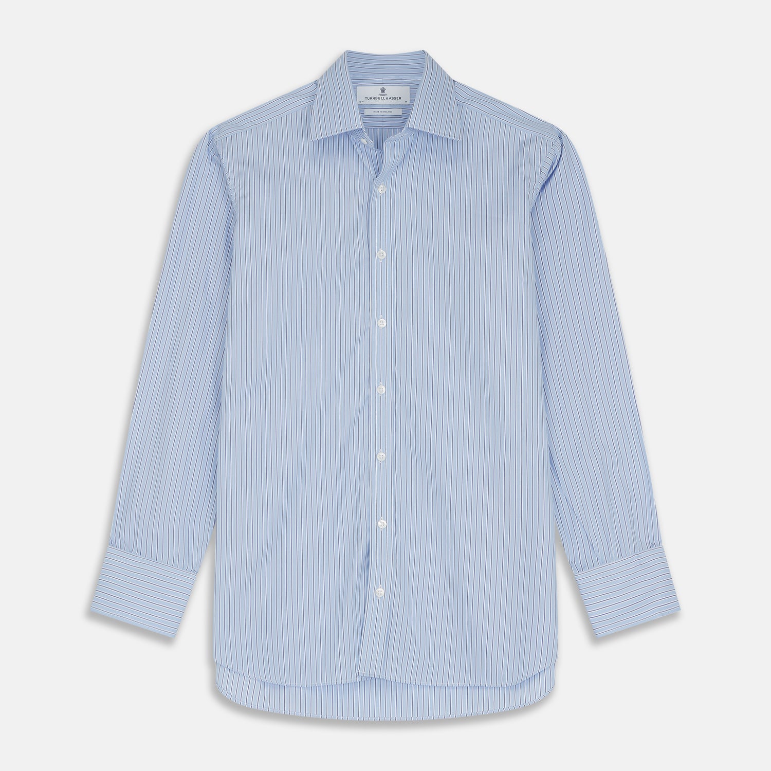 View 1 of product Turnbull & Asser’s Blue Stripe Shirt features thin vertical white stripes, a T&A collar, 3-button cuffs, white buttons, and a regular fit. Smart-casual style displayed flat on a white background.