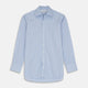 Turnbull & Asser’s Blue Stripe Shirt features thin vertical white stripes, a T&A collar, 3-button cuffs, white buttons, and a regular fit. Smart-casual style displayed flat on a white background.