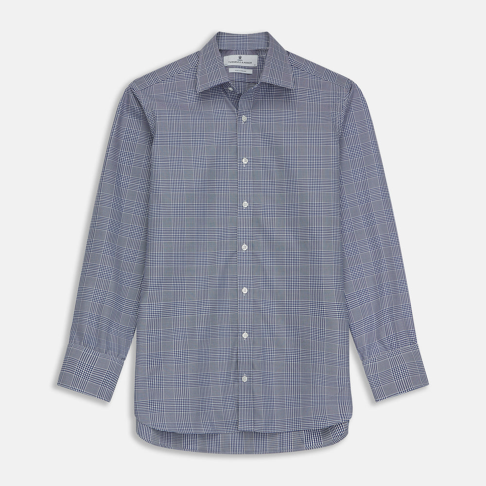 The Turnbull & Asser Navy Check Shirt, featuring a T&A collar and 3-button cuffs, is displayed on a white background.