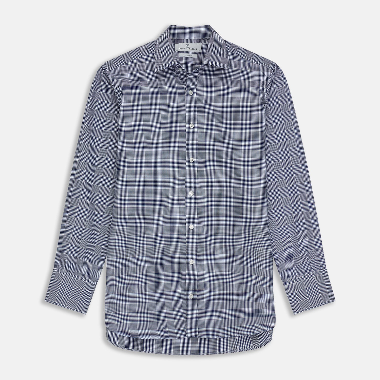 View 1 of product The Turnbull & Asser Navy Check Shirt, featuring a T&A collar and 3-button cuffs, is displayed on a white background.