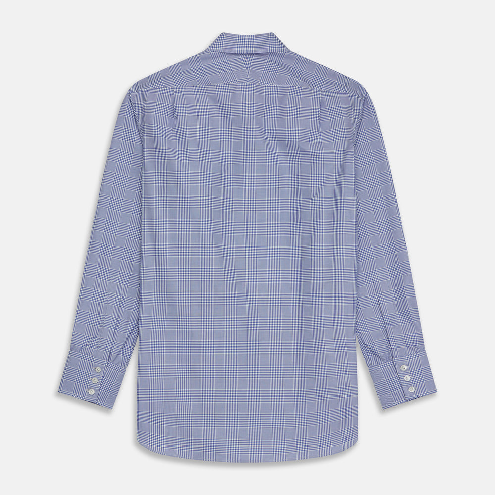 The Turnbull & Asser Blue Check Shirt features a T&A collar, 3-button cuffs, and a tonal blue check pattern in royal cotton twill. This long-sleeved, regular fit shirt is displayed on a white background.