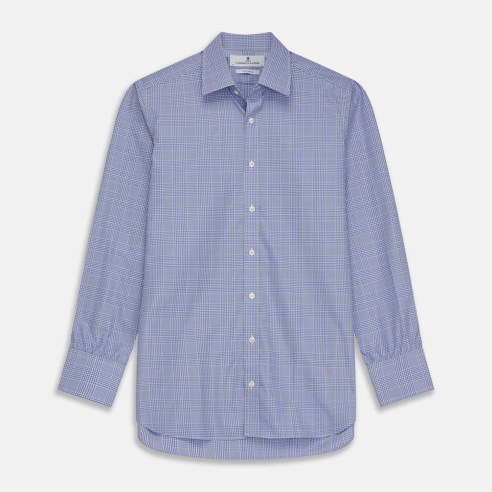 The Turnbull & Asser Blue Check Shirt features a T&A collar, 3-button cuffs, and a tonal blue check pattern in royal cotton twill. This long-sleeved, regular fit shirt is displayed on a white background.