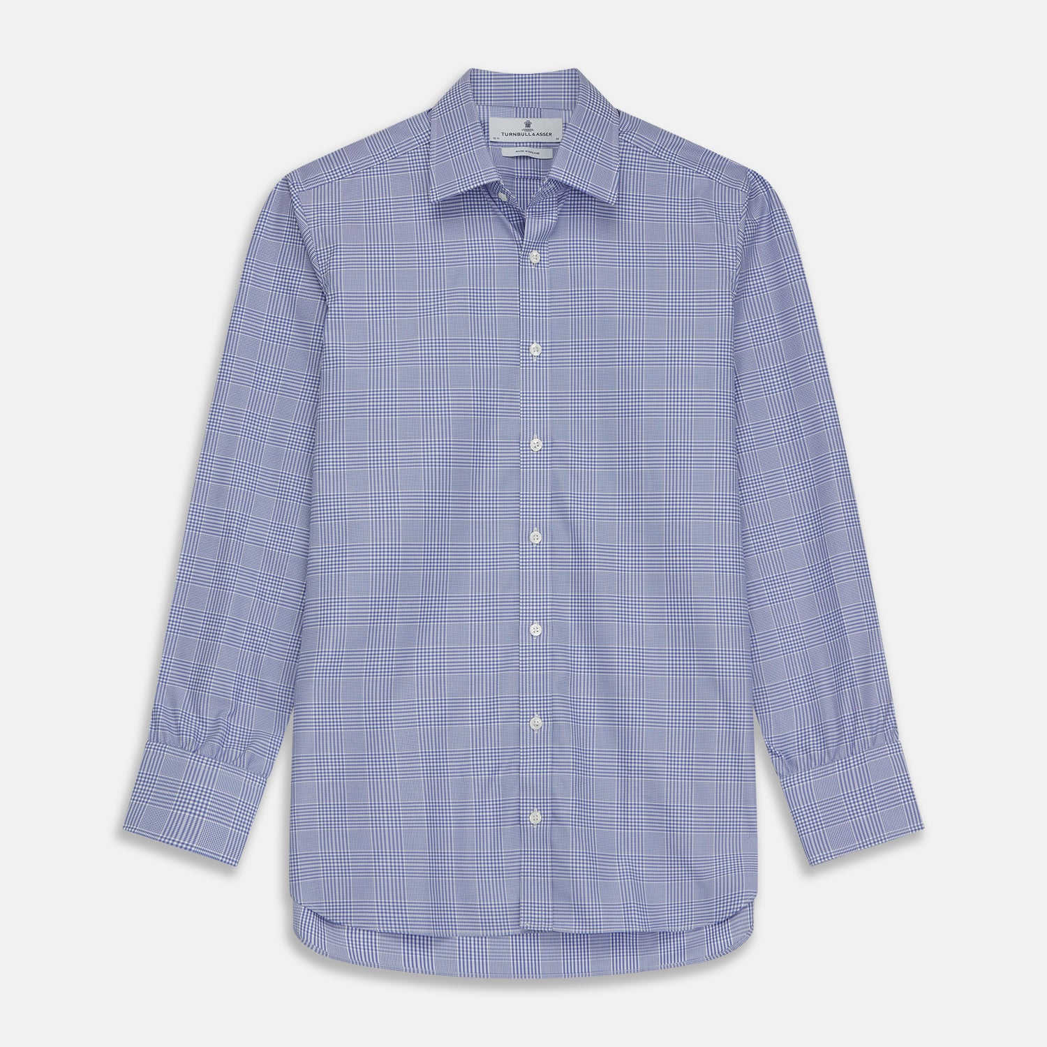 View 1 of product The Turnbull & Asser Blue Check Shirt features a T&A collar, 3-button cuffs, and a tonal blue check pattern in royal cotton twill. This long-sleeved, regular fit shirt is displayed on a white background.