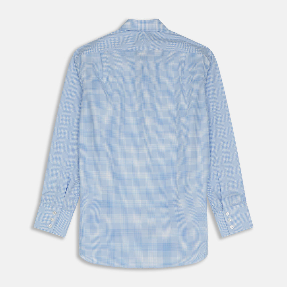 The Turnbull & Asser Pale Blue Check Shirt features a T&A collar, 3-button cuffs, and a subtle tonal check in royal cotton twill. It’s long-sleeved, regular fit, and shown flat on a white background.