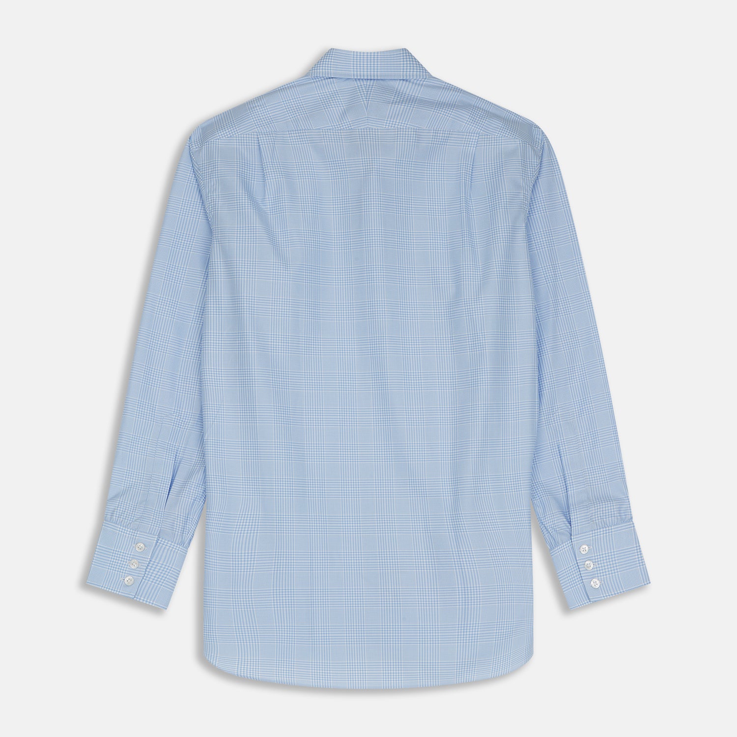 View 6 of product The Turnbull & Asser Pale Blue Check Shirt features a T&A collar, 3-button cuffs, and a subtle tonal check in royal cotton twill. It’s long-sleeved, regular fit, and shown flat on a white background.