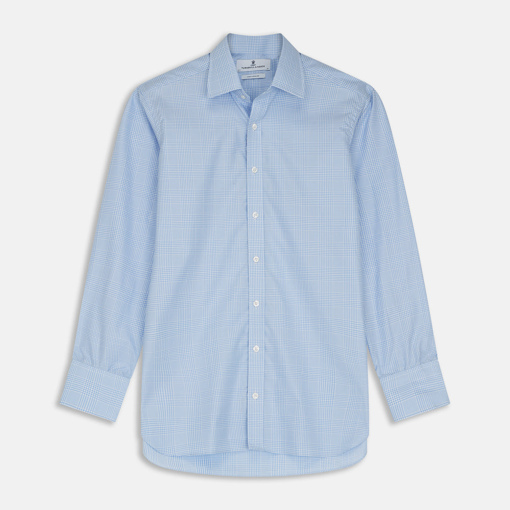 The Turnbull & Asser Pale Blue Check Shirt features a T&A collar, 3-button cuffs, and a subtle tonal check in royal cotton twill. It’s long-sleeved, regular fit, and shown flat on a white background.