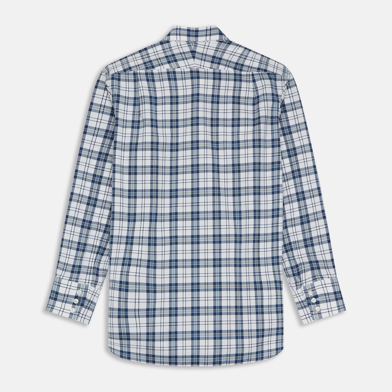View 6 of product The Turnbull & Asser Blue Check Shirt features a T&A collar and 3-button cuffs, shown laid flat against a white background.